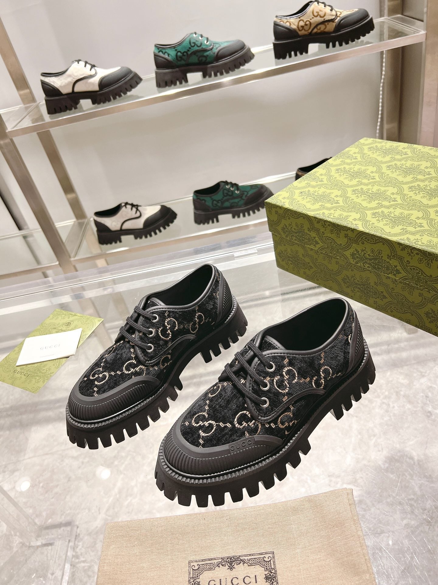 GUCCI 26S LACE-UP SHOES IN BLACK VELVET WITH GG LOGO PATTERN