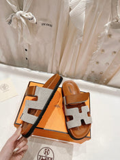 CHYPRE SANDAL BRIGHT BROWN LAMBSKIN AND SILVER DENIM