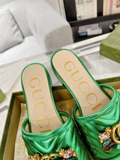 GG SPARKLE CRYSTAL SLIDE SANDAL METALLIC GREEN CALFSKIN