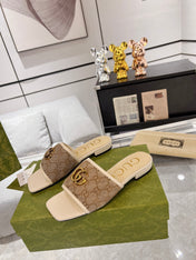 GG EXCLUSIVE SLIDE SANDAL IVORY AND BROWN FABRIC