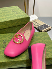 BLONDIE LOGO-PLAQUE LOAFERS IN BRIGHT PINK CALFSKIN WITH GOLD HARDWARE