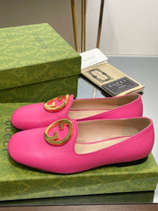 BLONDIE LOGO-PLAQUE LOAFERS IN BRIGHT PINK CALFSKIN WITH GOLD HARDWARE
