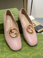 BLONDIE LOGO-PLAQUE LOAFERS IN LIGHT PINK CALFSKIN WITH GOLD HARDWARE