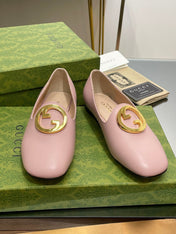 BLONDIE LOGO-PLAQUE LOAFERS IN LIGHT PINK CALFSKIN WITH GOLD HARDWARE