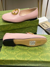 BLONDIE LOGO-PLAQUE LOAFERS IN LIGHT PINK CALFSKIN WITH GOLD HARDWARE