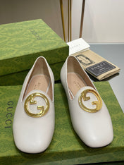 BLONDIE LOGO-PLAQUE LOAFERS IN WHITE CALFSKIN WITH GOLD HARDWARE