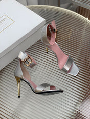 BALMAIN 25S B STRAP HIGH HEEL SANDALS 95MM IN SILVER CALFSKIN