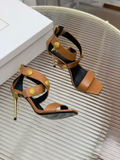 BALMAIN 25S CROSSOVER STRAP HIGH HEELS 95MM IN BROWN CALFSKIN