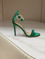 GIANVITO ROSSI 26S HIGH HEEL SANDALS 105 MM IN GREEN FABRIC WITH CRYSTAL BUCKLE