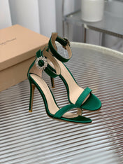 GIANVITO ROSSI 26S HIGH HEEL SANDALS 105 MM IN GREEN FABRIC WITH CRYSTAL BUCKLE