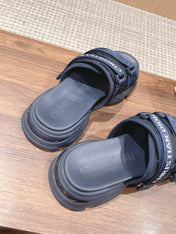 DIOR PLATFORM SLIDES 25S 30 MM IN MIDNIGHT BLUE FABRIC AND CALFSKIN