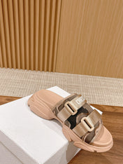 DIOR PLATFORM SLIDES 25S 30 MM IN MOSS GREEN FABRIC AND NUDE CALFSKIN