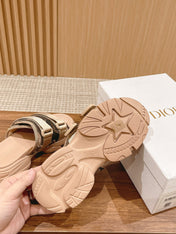 DIOR PLATFORM SLIDES 25S 30 MM IN MOSS GREEN FABRIC AND NUDE CALFSKIN