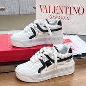 VALENTINO 25S GARAVANI ONE STUD XL PLATFORM SNEAKERS IN WHITE LAMBSKIN AND MESH FABRIC