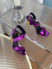 BALMAIN 25S HIGH HEEL SANDALS 95MM IN ROYAL PURPLE GLOSSY CALFSKIN