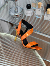 BALMAIN 25S HIGH HEEL SANDALS 95MM IN BURNT ORANGE GLOSSY CALFSKIN