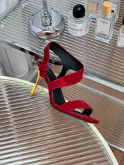 BALMAIN 25S HIGH HEEL SANDALS 95MM IN DARK CRIMSON SUEDE