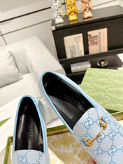 MEN'S LOAFER WITH HORSEBIT IN LIGHT BLUE MONOGRAM JACQUARD FABRIC