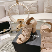 Double C  Xiaoxiang Chain Fabric Head Chunky Heel Sandals Cream Lambskin