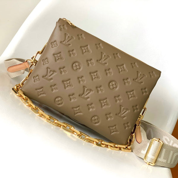 COUSSIN PM 26 IN BROWN MONOGRAM EMBOSSED LAMBSKIN GOLD HARDWARE