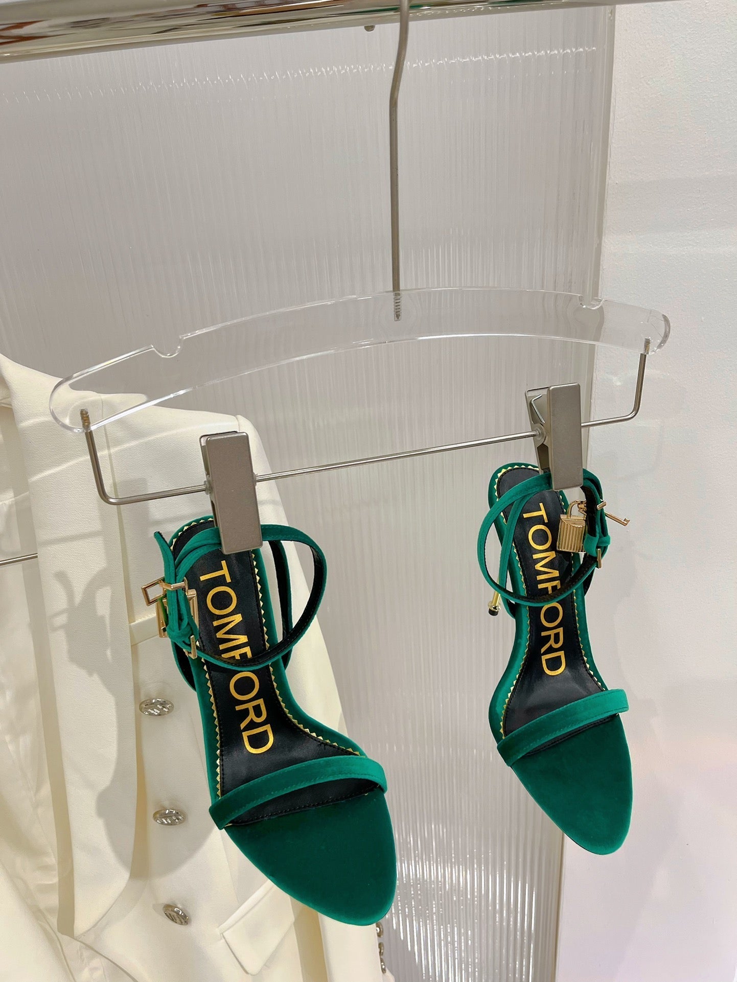 PADLOCK HIGH HEEL 10 CM SANDAL IN TEAL GREEN VELVET