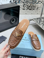 PRA OSTRICH PATTERN MULES CARAMEL CALFSKIN