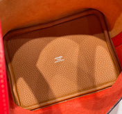 HERMES 25S PICOTIN LOCK 18 IN GOLDEN BROWN AND RED CALFSKIN SILVER HARDWARE