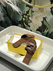 FENDI BAGUETTE SLIDES IN COFFEE BROWN LAMBSKIN