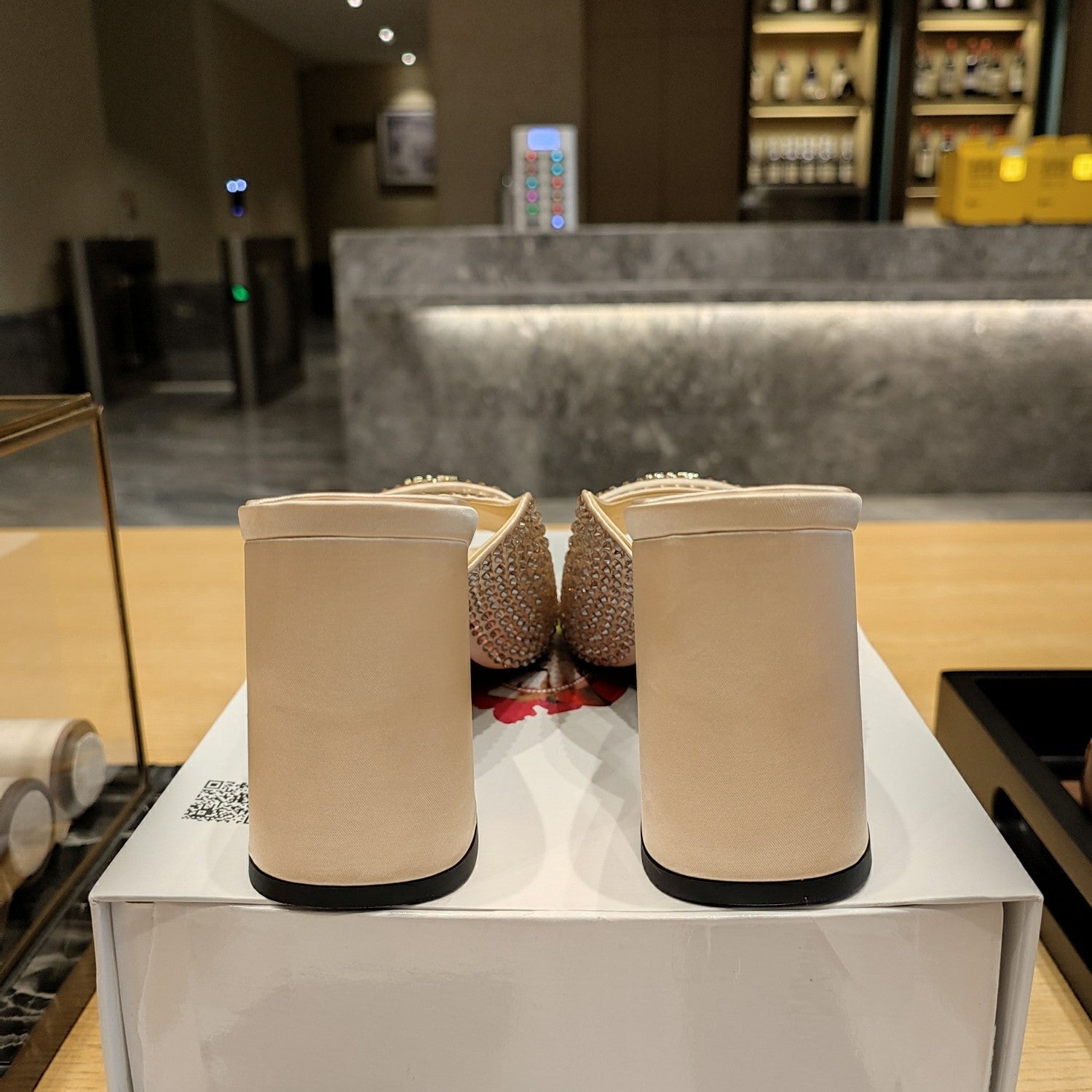 PRADA 26S OPEN TOE CRYSTAL EMBELLISHED MULES 100MM IN BEIGE SATIN