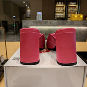 PRADA 26S OPEN TOE CRYSTAL EMBELLISHED MULES 100MM IN FUCHSIA PINK SATIN