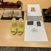 PRADA 26S OPEN TOE MULES 100MM IN LIME YELLOW PATENT CALFSKIN WITH LOGO