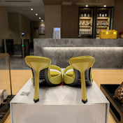PRADA 26S OPEN TOE MULES 100MM IN LIME YELLOW PATENT CALFSKIN WITH LOGO