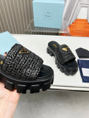 PRA THICK-SOLED CROCHET SANDALS BLACK WOVEN FABRIC