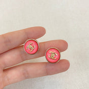 CHANEL 26S DOUBLE C LOGO ROUND PINK RESIN STUD EARRINGS IN GOLD METAL 633346