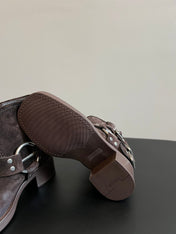 MIUMIU 26S ANKLE BOOTS IN DARK BROWN SUEDE SILVER HARDWARE