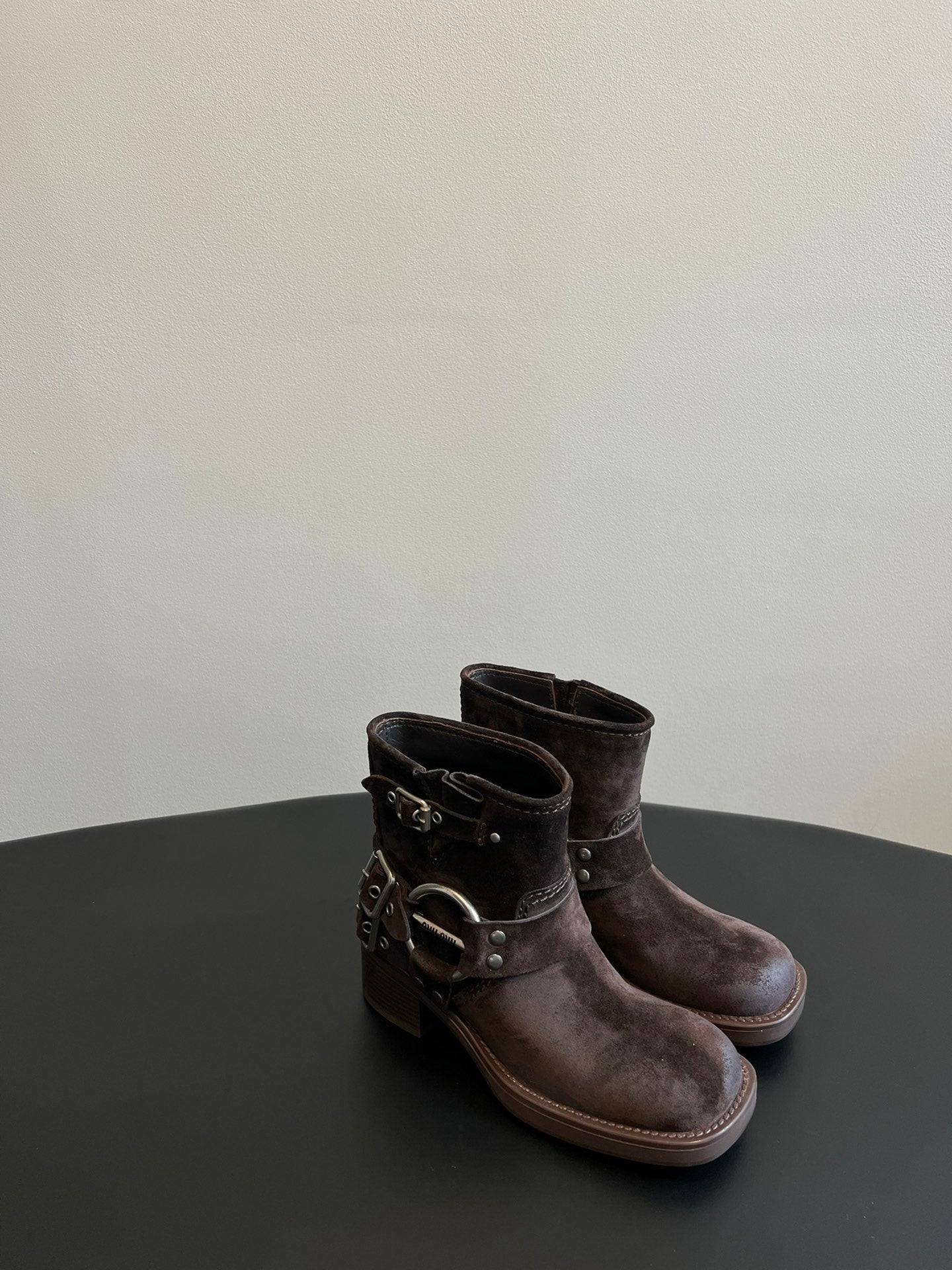 MIUMIU 26S ANKLE BOOTS IN DARK BROWN SUEDE SILVER HARDWARE