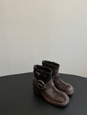 MIUMIU 26S ANKLE BOOTS IN DARK BROWN SUEDE SILVER HARDWARE