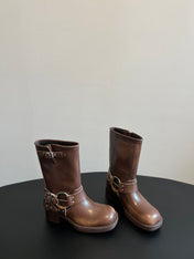 MIUMIU 26S MID-CALF BOOTS IN BROWN CALFSKIN SILVER HARDWARE