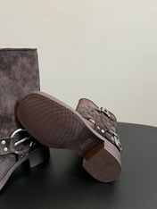 MIUMIU 26S MID-CALF BOOTS IN DARK BROWN SUEDE SILVER HARDWARE