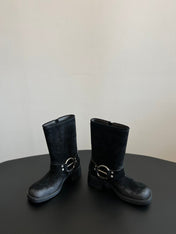 MIUMIU 26S MID-CALF BOOTS IN BLACK SUEDE SILVER HARDWARE