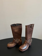 MIUMIU 26S KNEE-HIGH BOOTS IN BROWN CALFSKIN SILVER HARDWARE