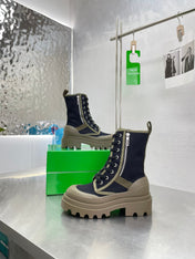 RIBBON BOMBER LACE-UP BOOTS IN BLACK MIX OLIVE GREEN CANVAS