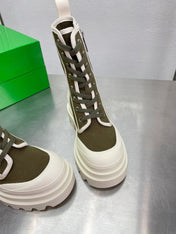 RIBBON BOMBER LACE-UP BOOTS IN OLIVE GREEN MIX WHITE CANVAS