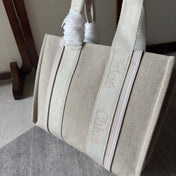 MEDIUM WOODY TOTE BAG 37 IN BEIGE LINEN CANVAS WEBBING LOGO EMBROIDER COTTON WHITE CALFSKIN