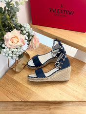 VALENTINO 26S WEDGE SANDALS IN DARK BLUE CALFSKIN