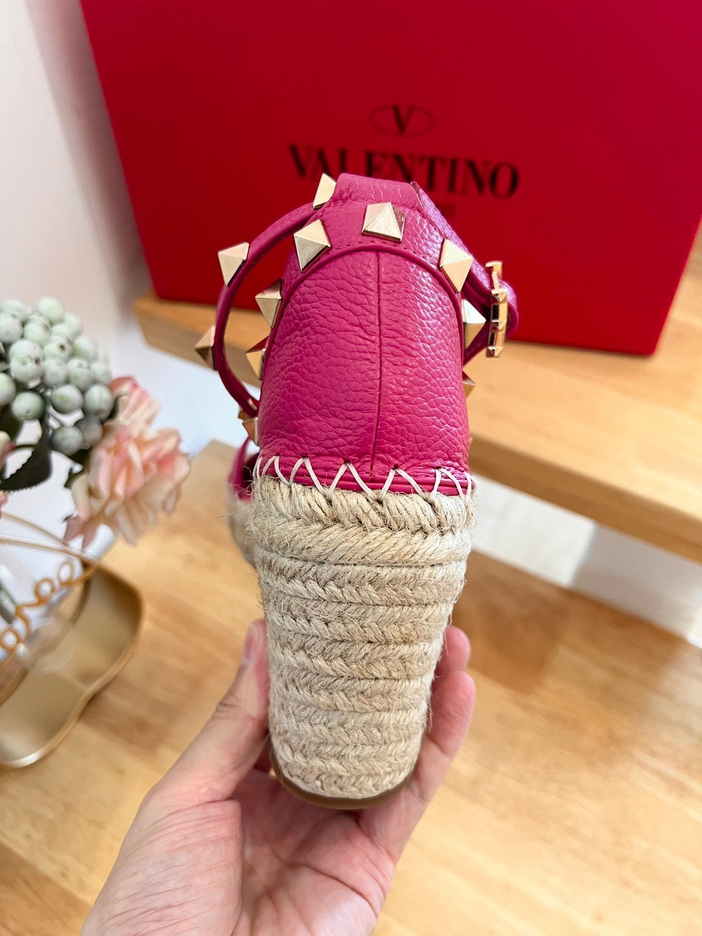 VALENTINO 26S WEDGE SANDALS IN DARK PINK CALFSKIN