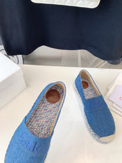 CHLOÉ LOAFER SHOES IN CERULEAN BLUE DENIM AND WOVEN RAFFIA
