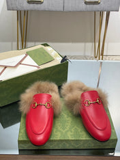 HORSEBIT MULE IN CHERRY RED CALFSKIN AND LAMB WOOL LINING