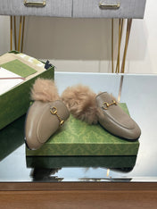 HORSEBIT MULE IN PEANUT BROWN CALFSKIN AND LAMB WOOL LINING