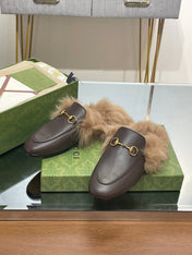 HORSEBIT MULE IN MOCHA BROWN CALFSKIN AND LAMB WOOL LINING